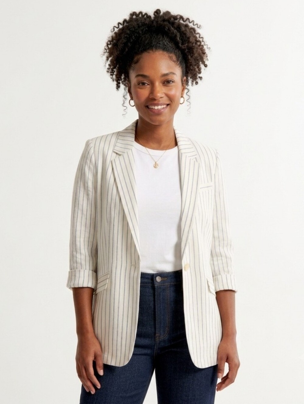 Joie Viscose Linen Blend Pinstripe Blazer White Blue Single Button Jacket - Sz 4